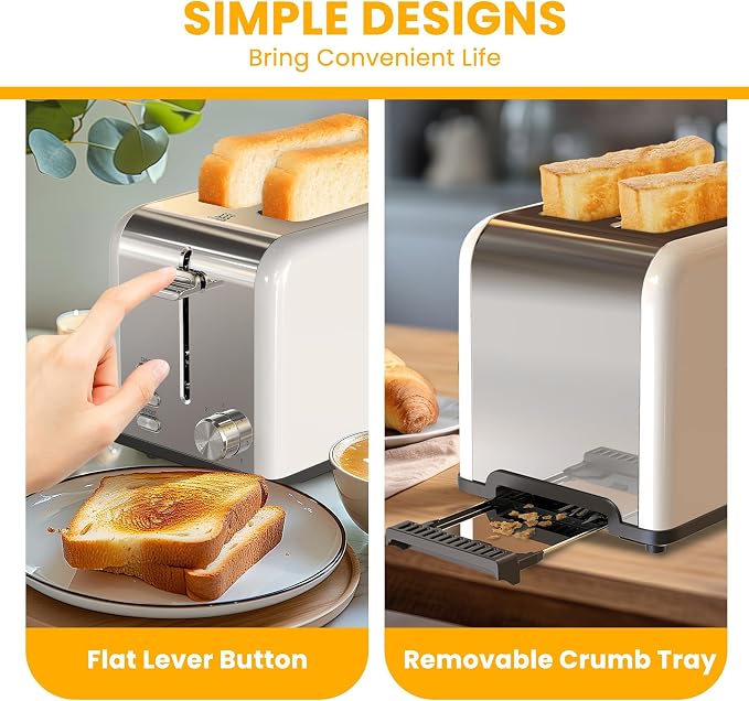 Simple Deluxe 2-Slice Toaster, 3 Function and 6 Browning Setting, Extra Wide Slot & Removable Crumb Tray, for Bread & Waffle, White