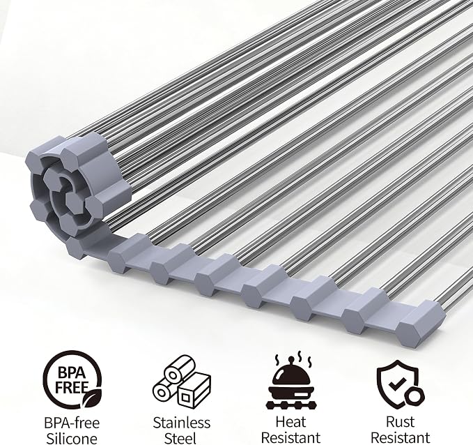 Roll Up Dish Drying Rack for Sink, Over Sink Dish Rack 17 x 15.7 Inch, Silicone Stainless Steel Dish Drainer for Kitchen Counter, BPA Free Utensil Drying Rack, Gray