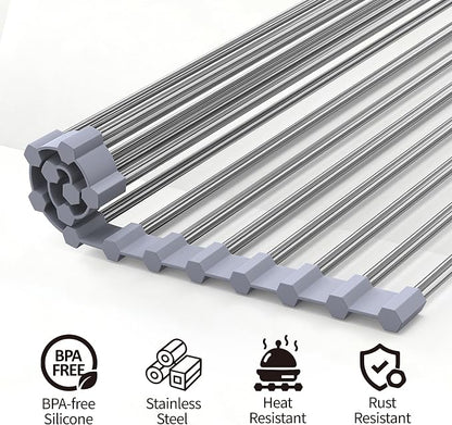 Roll Up Dish Drying Rack for Sink, Over Sink Dish Rack 17 x 15.7 Inch, Silicone Stainless Steel Dish Drainer for Kitchen Counter, BPA Free Utensil Drying Rack, Gray