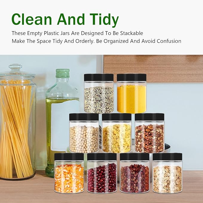 SLifeJars 8oz Plastic Jars with Lids 24 Pack Clear Plastic Slime Containers Stackable Round Empty Clear Jars with Black Lids Pen Labels Refillable Slime Jar for Kitchen Storage Spices Dry Food