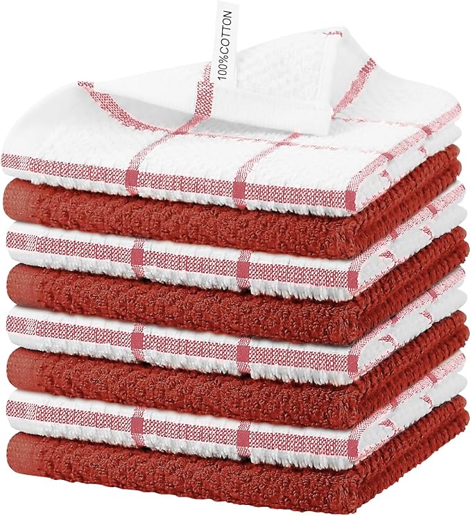 Nialnant 8 Pack Dish Cloths for Washing Dishes, 100% Cotton Reusable Cleaning Rag, Quick Drying Dish Towels for Kitchen,12x12 Inches, Red