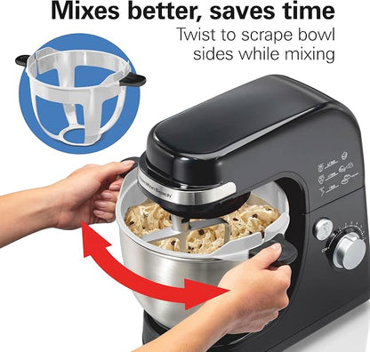 Hamilton Beach Electric Stand Mixer, 4 Quarts, Dough Hook, Flat Beater Attachments, 7 Speeds, Whisk, Stack & Scrape Bowl Scraper, Black