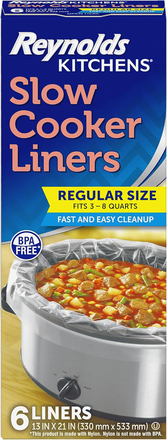 Reynolds Kitchens Slow Cooker Liners, 6 Pack, Fits 3-8 Quart Round and Oval Slow Cookers, BPA-Free Nylon Blend Construction, Heat-Resistant Up to 400F, Prevents Stuck on Food