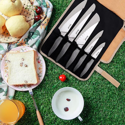 hecef Vintage Style Kitchen Knife Sets,Scratch Resistant Camping Matte Knives with 5 Slots Recycled Oxford Cloth Knife Roll Bag & Covers,Stonewashed High Carbon Stainless Steel Blades & Hollow Handle