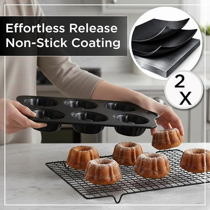 Wrenbury Nonstick Mini Buntz Cake Pan Non Stick for Baking Fluted Cake Tin | 6 Cup Bundlette Tray for Small Cakes - PFOA Free and Dishwasher Safe - 3.75” Cup Width