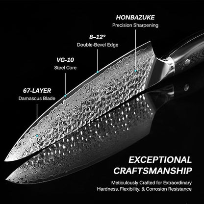 KYOKU Chef Knife - 8"- Shogun Series Japanese Style VG10 Steel Core Hammered Damascus Blade Kitchen Knife - with Sheath & Case