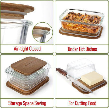Glass Container Set with Acacia Lids - 4 Stackable Meal Prep Containers. Durable heat resistant Inert Borosilicate Glass