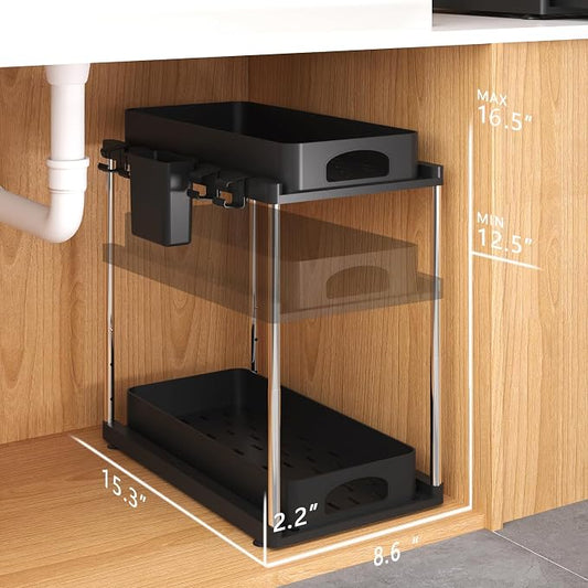 Under Sink Organizer, Under Kitchen Sink Organizer, Height Adjustable Bathroom Cabinet Organizers and Storage, 2 Tier Pull-Out Multi-Purpose Organizer for Bathroom Kitchen Cabinet, Black, 2 Pack