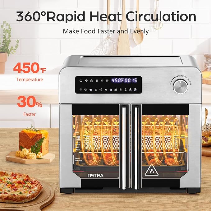 OSTBA French Door Air Fryer Toaster Oven Combo, 10-in-1 Air Fryer Toaster Oven with Rotisserie, 24QT Large Countertop Convection Oven, 102 Recipes & 7 Accessories, Stainless Steel