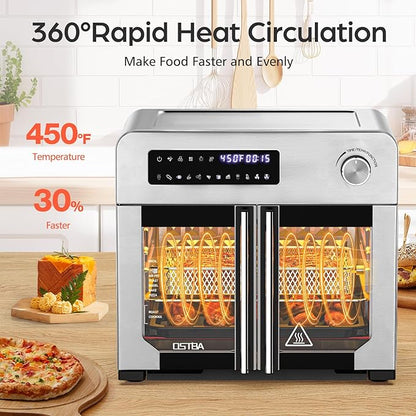 OSTBA French Door Air Fryer Toaster Oven Combo, 10-in-1 Air Fryer Toaster Oven with Rotisserie, 24QT Large Countertop Convection Oven, 102 Recipes & 7 Accessories, Stainless Steel