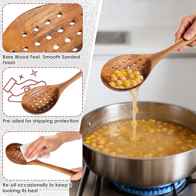 HOWHONG Slotted Spoon Wooden Cooking Utensil, Long Handle Acacia Wood Spoon for Cooking, Draining Spoon for Vegetables Pasta and Frying, Nonstick Cookware Safe, Bare Wood Feel for Daily Kitchen Use