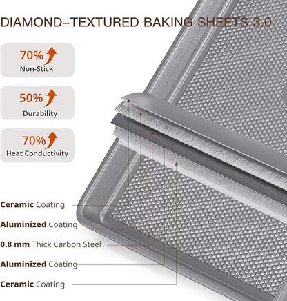 HONGBAKE 3 Pack Nonstick Ceramic Baking Sheet Pan Set for Oven, Non-Toxic Half/Quarter/Jelly Roll Pans with Diamond Texture, 0.8mm Aluminized Steel Cookie Trays for Cooking, Charcoal Gray