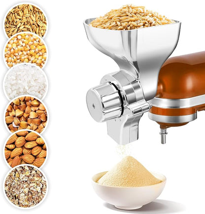 Premium All-Metal Grain Mill Attachment for KitchenAid Stand Mixers, 12-Level Adjustable Flour Mill Grinder for Wheat, Oats, Corn, Rice, Non-Oily Dry Grains - Includes Cleaning Brush
