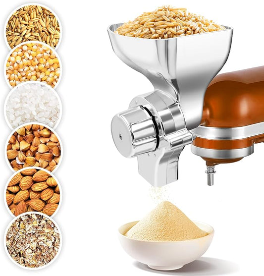 Premium All-Metal Grain Mill Attachment for KitchenAid Stand Mixers, 12-Level Adjustable Flour Mill Grinder for Wheat, Oats, Corn, Rice, Non-Oily Dry Grains - Includes Cleaning Brush