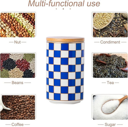 Kitchen Countertop Ceramic Checkered Canisters,Black And White Food Storage Containers With Lid,Airtight Kitchen Canisters for Flour, Sugar, Coffee, Tea, and Dry Goods (Blue, Large)