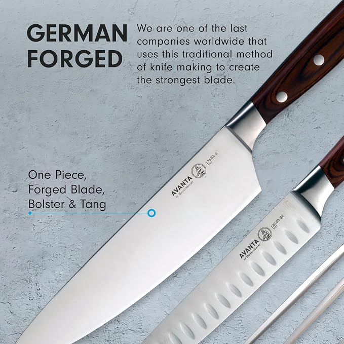 Messermeister Avanta Forged 10-Piece Pakkawood Knife Block Set - Oprah's Favorite Things - German X50 Stainless Steel - 4 Speciality Knives, Heavy-Weight Fork, 4 Steak Knives & Magnetic Knife Block