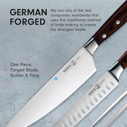 Messermeister Avanta Forged 10-Piece Pakkawood Knife Block Set - Oprah's Favorite Things - German X50 Stainless Steel - 4 Speciality Knives, Heavy-Weight Fork, 4 Steak Knives & Magnetic Knife Block