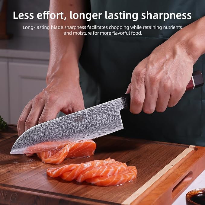 FINDKING 7 Inch Santoku Chef Knife, AUS-10 Damascus Steel Blade, Versatile Asian Knife for Effortless Slicing and Dicing, Comfortable Wooden Grip, Ideal for Vegetable Prep (Samurai Series)