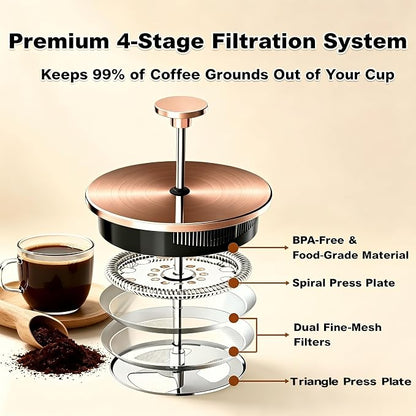 QUQIYSO French Press Coffee Maker, Large French Press with Thick Borosilicate Glass, 304 Stainless Steel Filter, Teapot & Coffee Maker for Home, Office, Party, 51oz, Copper