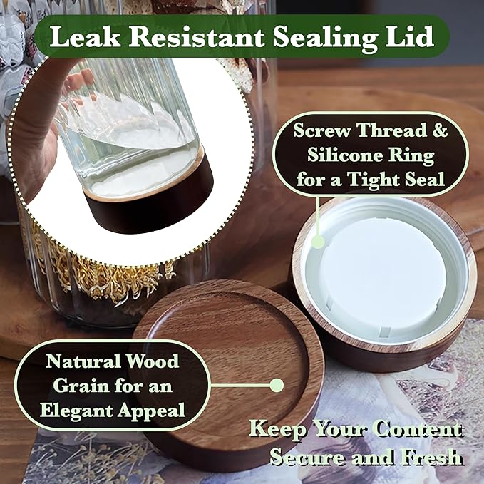 Decorative Borosilicate Glass Jar with Screw Top Airtight Wooden Lid, 54 oz/1600ml Leak Resistant Food Storage Canister, Wide Mouth Container for Cereal Coffee Tea Cookie Candy Coffee Pods Pet Treat