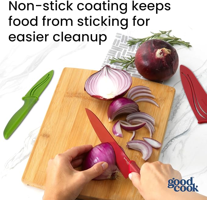 GoodCook Knife Set High Carbon Stainless Steel Kitchen Knives with Nonstick Finish Slip Resistant Grips and Protective Sheaths, Set Includes Paring Utility and Chef's Knives, 3-Piece Set, Multicolor