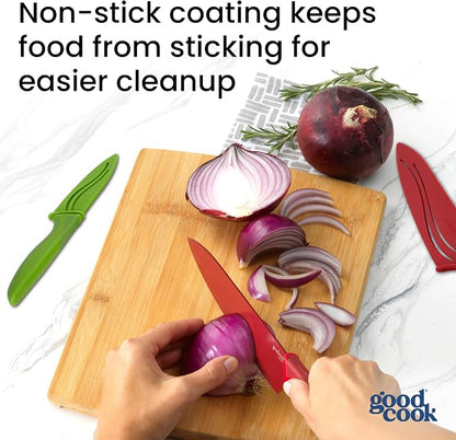GoodCook Knife Set High Carbon Stainless Steel Kitchen Knives with Nonstick Finish Slip Resistant Grips and Protective Sheaths, Set Includes Paring Utility and Chef's Knives, 3-Piece Set, Multicolor
