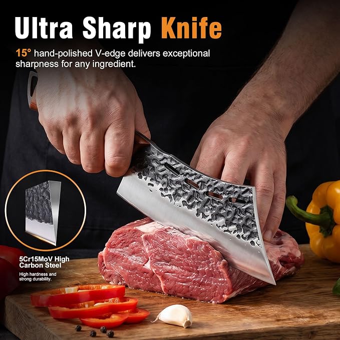 KITNATS Hand Forged Butcher Knife Set, 3PCS BBQ Knife Set with Meat Cleaver, Chef Knife & Boning Knife, High Carbon Steel Cleaver Knife Set for Meat Cutting, Camping, Outdoor Cooking, Gift for Men