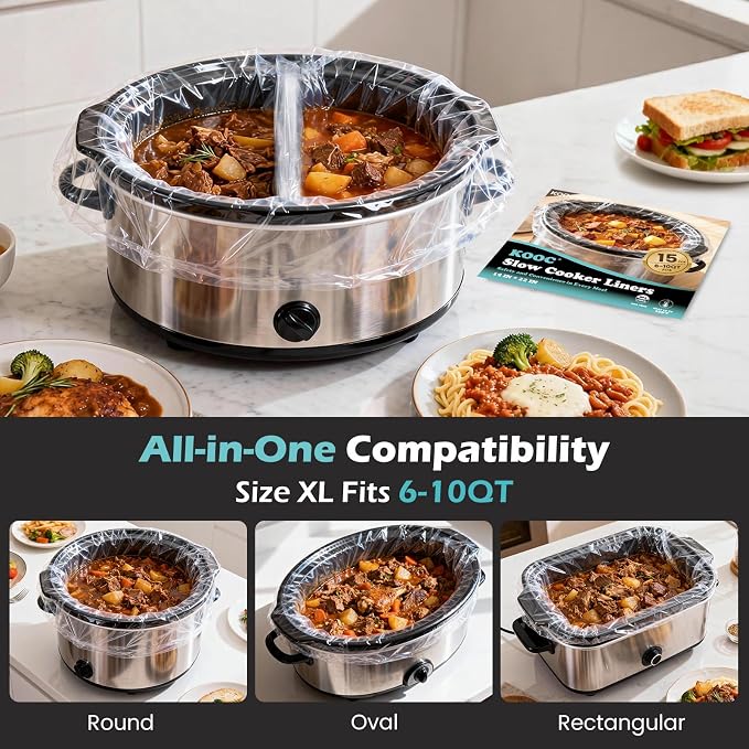 KOOC Slow Cooker Liners, 15 count 14" x 22" Extra Large Size Cooking Bags Fits 6-10 Quart Pots, Disposable Pot Liners Suitable for Oval & Round & Retangular Pot
