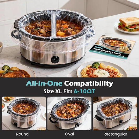 KOOC Slow Cooker Liners, 15 count 14" x 22" Extra Large Size Cooking Bags Fits 6-10 Quart Pots, Disposable Pot Liners Suitable for Oval & Round & Retangular Pot