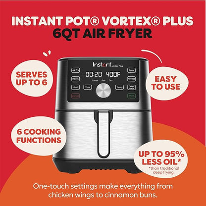 Instant Pot 6QT VORTEX Plus Air Fryer, 6-in-1, Air Fry, Broil, Dehydrate, Crisp, Roast, Reheat, Bake, Dishwasher-Safe Airfryer basket, from the Makers of Instant Pot, Stainless Steel