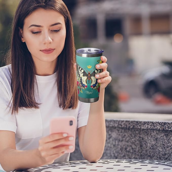 Christian Art Gifts Stainless Steel Double Wall Vacuum Insulated Tumbler 18 oz Butterfly Teal BPA-free Travel Mug with Retractable Lid Inspirational Bible Verse for Women - Hope -Isaiah 40:31