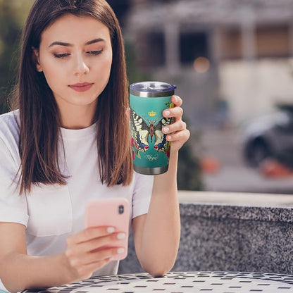 Christian Art Gifts Stainless Steel Double Wall Vacuum Insulated Tumbler 18 oz Butterfly Teal BPA-free Travel Mug with Retractable Lid Inspirational Bible Verse for Women - Hope -Isaiah 40:31