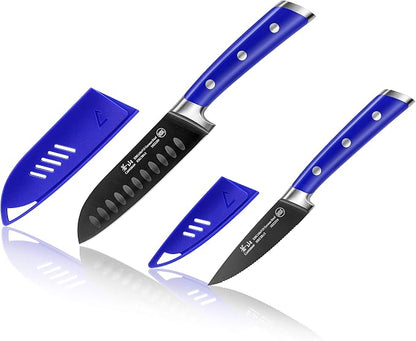 Cangshan S+ Series 1022124 German Steel Forged 2-Piece Titanium Coated Santoku Starter Knife Set with Sheaths, Atlantic Blue