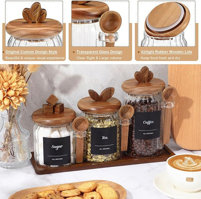 Suclain 3 Pcs Glass Coffee Container with Acacia Wood Lid & Spoon, 25oz, 20.3oz, 15oz Airtight Glass Jar with Wooden Shelf, Food Storage Containers Coffee Jar Tea Container(Acacia Color)