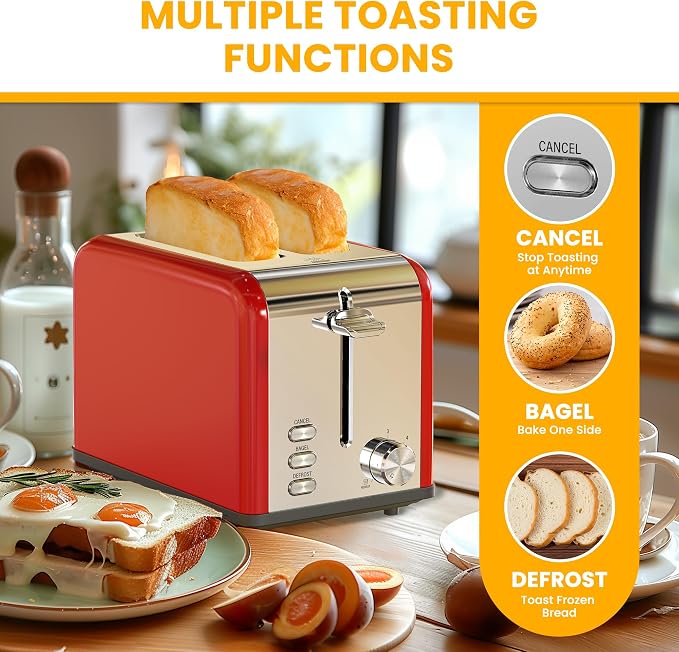Simple Deluxe 2-Slice Toaster, 6 Browning Setting and 3 Function, Extra Wide Slot & Removable Crumb Tray, for Bread & Waffle, Red