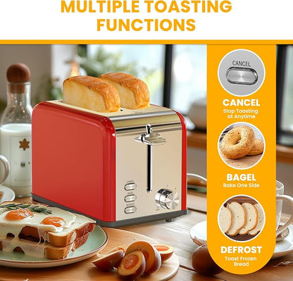 Simple Deluxe 2-Slice Toaster, 6 Browning Setting and 3 Function, Extra Wide Slot & Removable Crumb Tray, for Bread & Waffle, Red