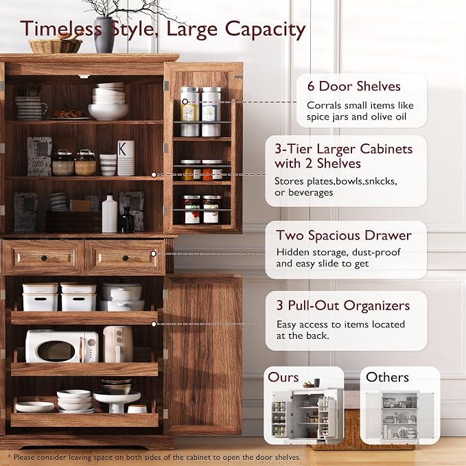 VilroCaz Wooden 71" H Kitchen Pantry Cabinet with 3 Pull Out Cabinet Organizers, Freestanding Cupboard Storage Cabinet with 4 Doors and 2 Drawers, Farmhouse Embossed Texture Design (Brown-5.K)