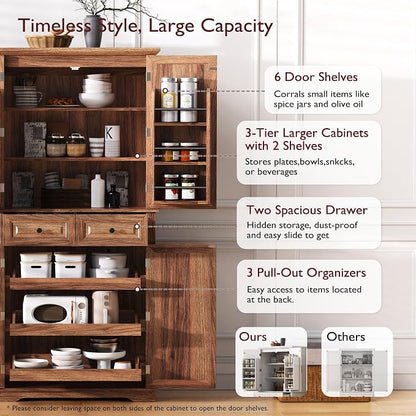 71.2" Tall Kitchen Pantry Cabinet with 3 Pull Out Cabinets Organizer, Farmhouse Embossed Texture Storage Cabinet with 6 Door Shelves, 2 Drawers, Brown Freestanding Cupboard for Kitchen, Dining Room