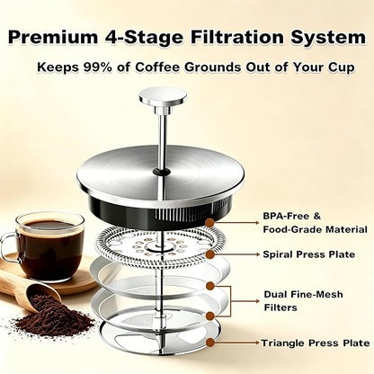 QUQIYSO French Press Coffee Maker, Large French Press with Thick Borosilicate Glass, 304 Stainless Steel Filter, Teapot & Coffee Maker for Home, Office, Party, 51oz, Silver