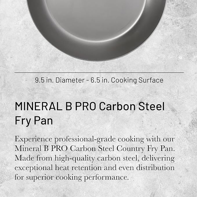 de Buyer MINERAL B Pro Carbon Steel Country Fry Pan - 9.5” Diameter, 6.5” Cooking Surface - Ideal for Sauteing, Simmering, Deep Frying, Stir Frying - Naturally Non-Stick Finish - Made in France