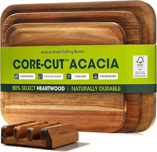 Starkbear Acacia Wood Cutting Board Set of 3 with Stand, Core-Cut Non Slip Wooden Chopping Block, Sloped Juice Groove Reversible Charcuterie Serving Tray for Modern Kitchen Gift