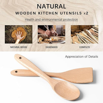 2pcs Wooden Spatula Spoon for Cooking, Thicker 12inch Coated Beech Wood Turners for Frying, Non-Scratch Flat Spurtle for Pan & Wok, Cooking Utensils for Non Stick Cookware, Long Handle Scraper