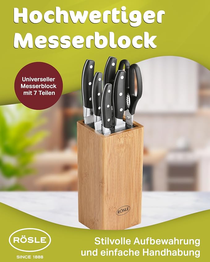 Rösle German Knife Set in Bamboo Block, 5-Piece Set plus Scissors