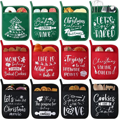 Layhit 12 Pieces Christmas Pot Holders with Pocket Heat Resistant Oven Mitts Hot Pads Farmhouse Cookie Bag for Kitchen Baking Cooking Appreciation Gift(Red and Green)