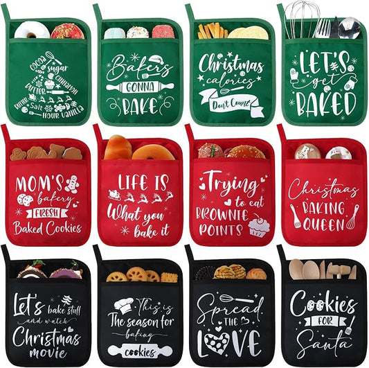 Layhit 12 Pieces Christmas Pot Holders with Pocket Heat Resistant Oven Mitts Hot Pads Farmhouse Cookie Bag for Kitchen Baking Cooking Appreciation Gift(Red and Green)