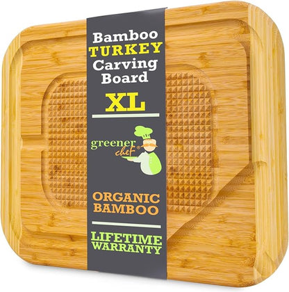 GREENER CHEF 18 Inch Extra Large Organic Turkey Carving Board with Lifetime Replacements - XL Wooden Butcher Block Meat Cutting Board with Pour Spout - Thanksgiving Cooking Essentials