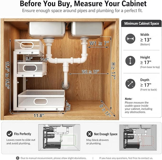 Under Sink Organizer, 3 Tier Pull Out Cabinet Organizer with 5 Adjustable Heights, Metal Under Sink Storage with Sliding Drawers for Kitchen, Bathroom, Pantry and Laundry Room, 2-Pack White