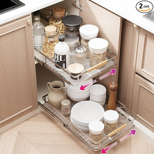 SUZLON Pull Out Cabinet Organizer, Expandable(10.2""~16.4"") Cabinet Drawers Slide Out, Adjustable Width Roll 0ut Shelf Cabinet Organizer for Kitchen Base Cabinet Organization (Small, 2Pack)