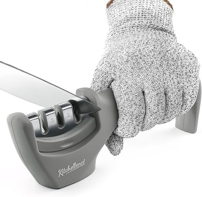 4-in-1 Kitchen Knife Accessories: 3-Stage Knife Sharpener Helps Repair, Restore and Polish Blades and Cut-Resistant Glove