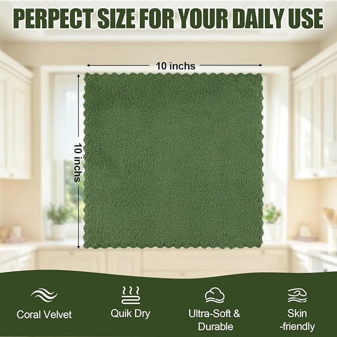 Kitinjoy 24 Pack Kitchen Cloths Dish Towels (10" x 10", Grass Green), Super Soft and Absorbent Dish Cloths, Nonstick Oil Fast Drying Coral Velvet Microfiber Cleaning